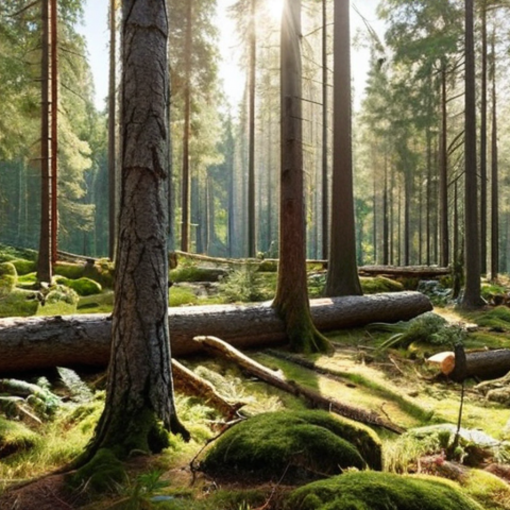 **

A lush, diverse Swedish forest scene depicting sustainable forestry practices. Show a mix of tree ages, including some old-growth trees and intentionally left deadwood. Sunlight filters through the canopy, highlighting various plant species and signs of wildlife. In the background, hint at responsible logging with replanting efforts visible. The overall feeling is one of a thriving, balanced ecosystem.

**