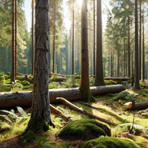 **

A lush, diverse Swedish forest scene depicting sustainable forestry practices. Show a mix of tree ages, including some old-growth trees and intentionally left deadwood. Sunlight filters through the canopy, highlighting various plant species and signs of wildlife. In the background, hint at responsible logging with replanting efforts visible. The overall feeling is one of a thriving, balanced ecosystem.

**