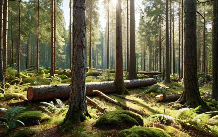 **

A lush, diverse Swedish forest scene depicting sustainable forestry practices. Show a mix of tree ages, including some old-growth trees and intentionally left deadwood. Sunlight filters through the canopy, highlighting various plant species and signs of wildlife. In the background, hint at responsible logging with replanting efforts visible. The overall feeling is one of a thriving, balanced ecosystem.

**