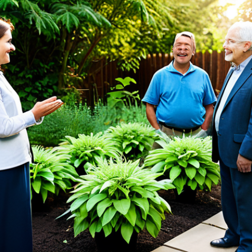 A diverse group of individuals, including a young child, a middle-aged woman, and a senior man, all in modest, professional attire, are engaged in a warm, open conversation. They are situated in a vibrant community garden bathed in soft, natural sunlight. One person gently tends to a plant while another listens attentively, fostering an atmosphere of collaboration and shared hope for a sustainable future. The garden features lush, well-maintained plants, a visible compost bin, and a welcoming bench. The scene should convey a sense of genuine connection and collective responsibility. This image should feature perfect anatomy, correct proportions, well-formed hands, proper finger count, and natural body proportions. It is fully clothed, appropriate attire, safe for work, appropriate content, and family-friendly.