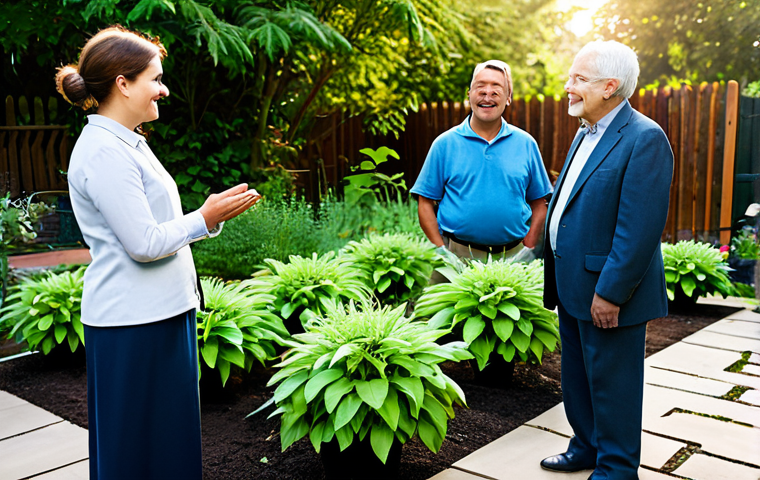 A diverse group of individuals, including a young child, a middle-aged woman, and a senior man, all in modest, professional attire, are engaged in a warm, open conversation. They are situated in a vibrant community garden bathed in soft, natural sunlight. One person gently tends to a plant while another listens attentively, fostering an atmosphere of collaboration and shared hope for a sustainable future. The garden features lush, well-maintained plants, a visible compost bin, and a welcoming bench. The scene should convey a sense of genuine connection and collective responsibility. This image should feature perfect anatomy, correct proportions, well-formed hands, proper finger count, and natural body proportions. It is fully clothed, appropriate attire, safe for work, appropriate content, and family-friendly.